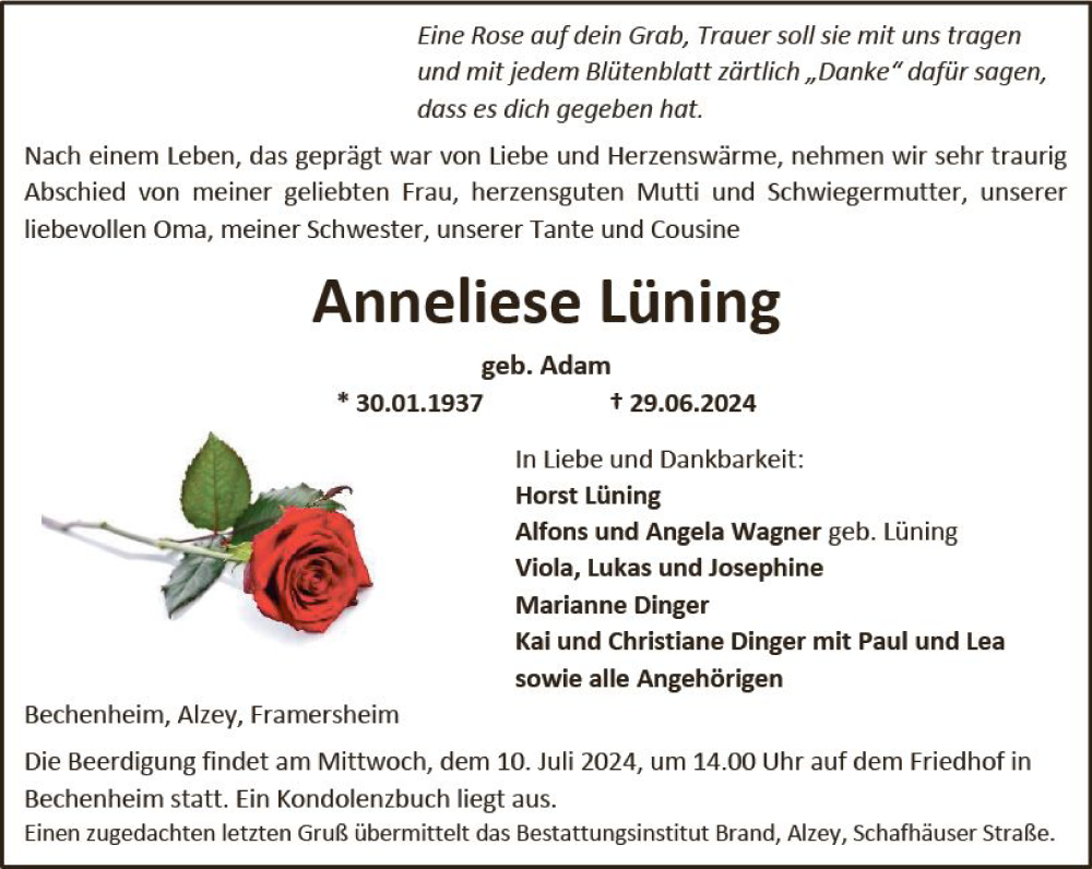  Traueranzeige für Anneliese Lüning vom 06.07.2024 aus Allgemeine Zeitung Alzey