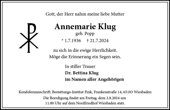 Traueranzeige von Annemarie Klug von Wiesbadener Kurier