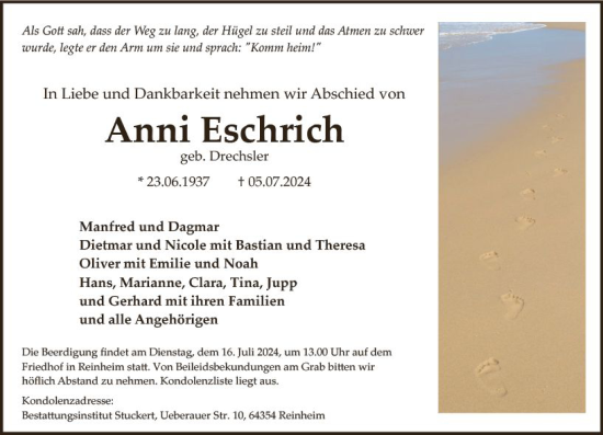 Traueranzeige von Anni Eschrich von Odenwälder Echo