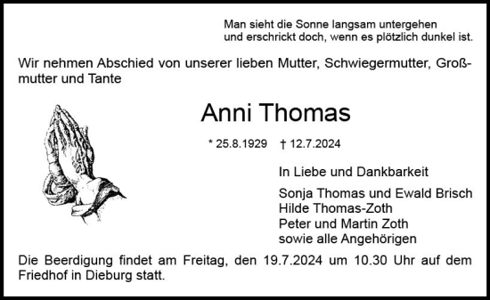 Traueranzeige von Anni Thomas von Dieburger Anzeiger/Groß-Zimmerner Lokal-Anzeiger