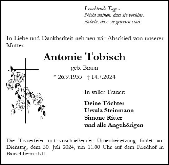 Traueranzeige von Antonie Tobisch von Rüsselsheimer Echo