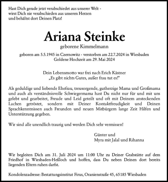 Traueranzeige von Ariana Steinke von Wiesbadener Kurier