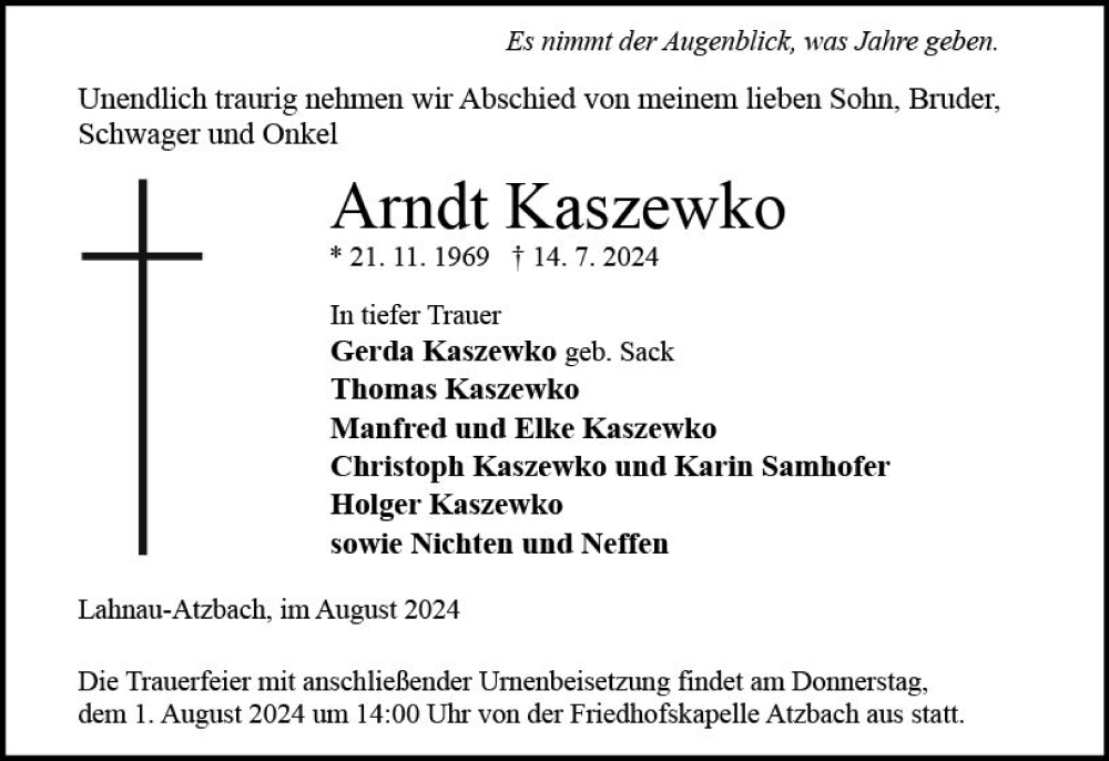  Traueranzeige für Arndt Kaszewko vom 29.07.2024 aus Wetzlarer Neue Zeitung