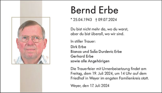 Traueranzeige von Bernd Erbe von Weilburger Tageblatt