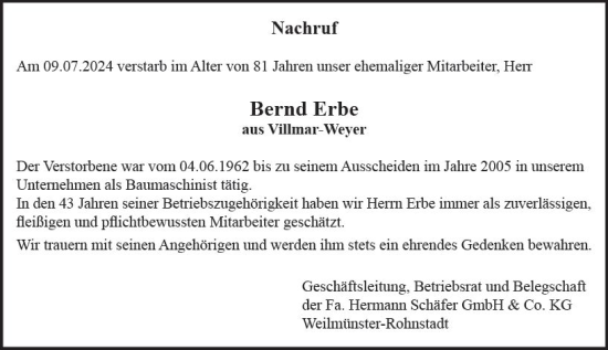 Traueranzeige von Bernd Erbe von Weilburger Tageblatt
