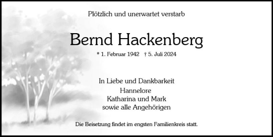 Traueranzeige von Bernd Hackenberg von Wiesbadener Kurier