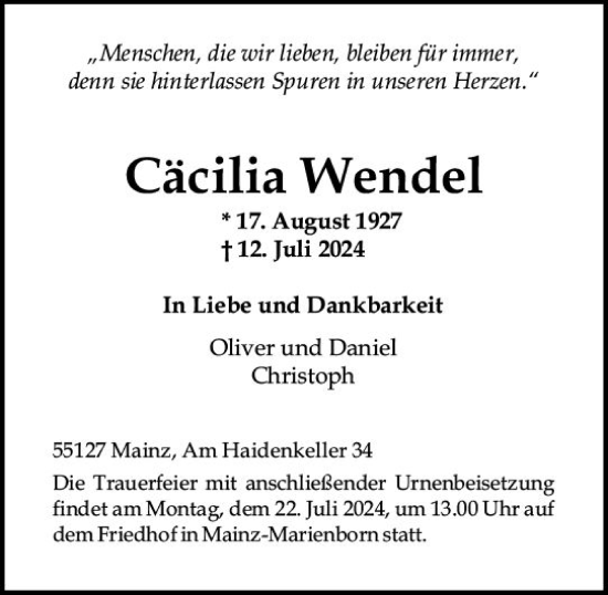 Traueranzeige von Cäcilia Wendel von Allgemeine Zeitung Mainz