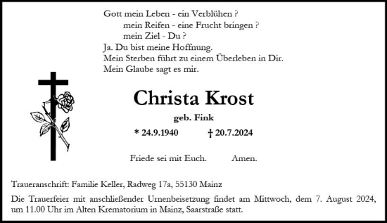 Traueranzeige von Christa Krost von Allgemeine Zeitung Mainz