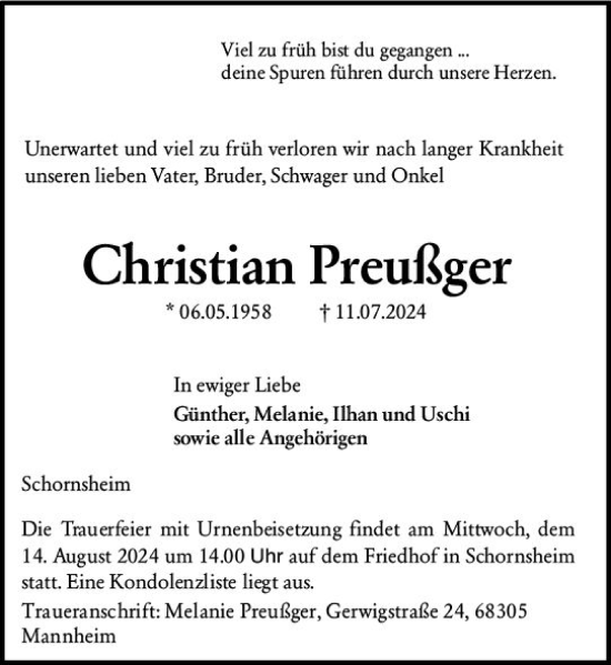Traueranzeige von Christian Preußger von Allgemeine Zeitung Alzey