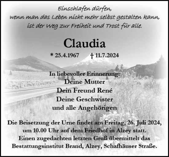 Traueranzeige von Claudia Gengnagel von Allgemeine Zeitung Alzey