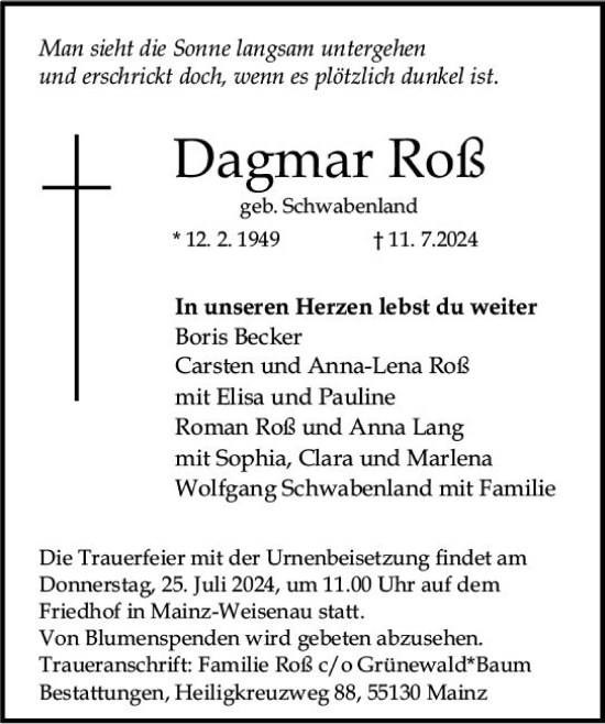 Traueranzeige von Dagmar Roß von Allgemeine Zeitung Mainz