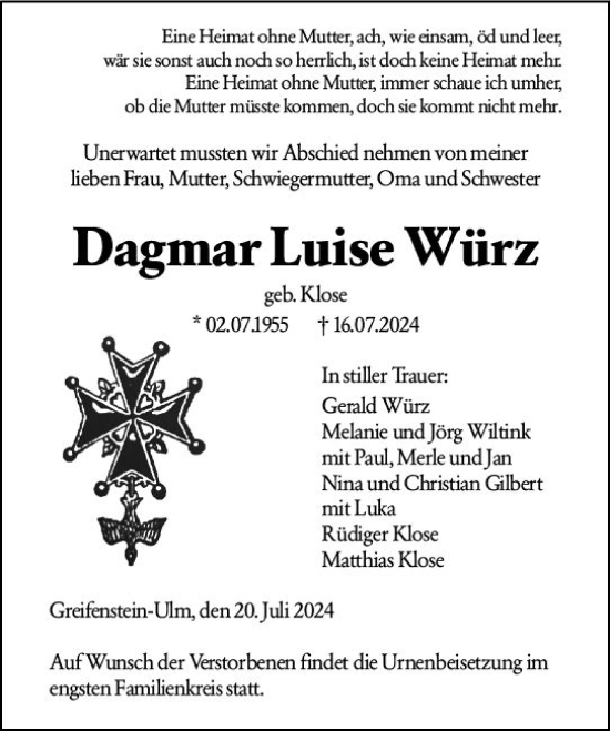 Traueranzeige von Dagmar Würz von Wetzlarer Neue Zeitung