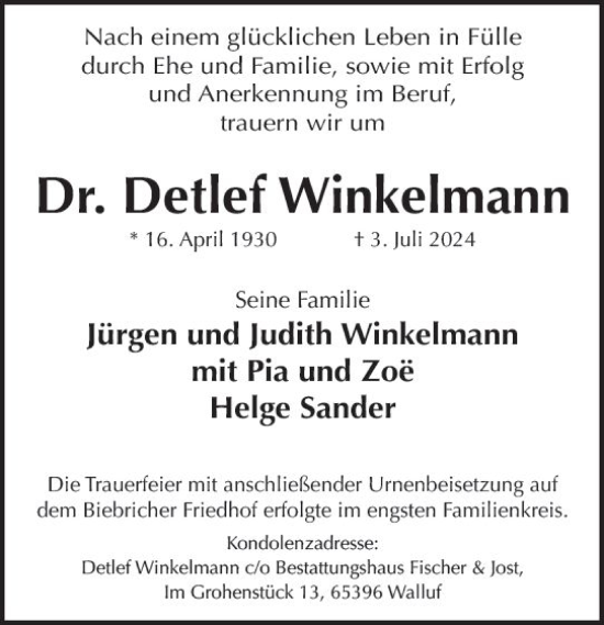 Traueranzeige von Detlef Winkelmann von Wiesbadener Kurier