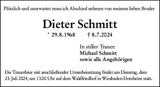 Traueranzeige von Dieter Schmitt von Wiesbadener Kurier