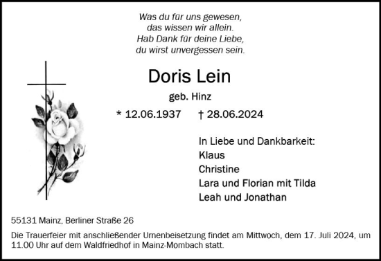 Traueranzeige von Doris Lein von Allgemeine Zeitung Mainz