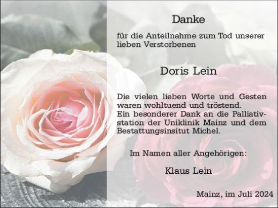 Traueranzeige von Doris Lein von Allgemeine Zeitung Mainz