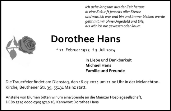 Traueranzeige von Dorothee Hans von Allgemeine Zeitung Mainz