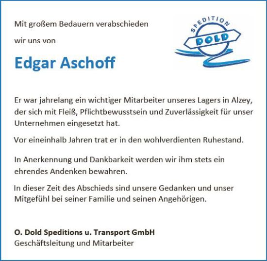 Traueranzeige von Edgar Aschoff von Allgemeine Zeitung Alzey