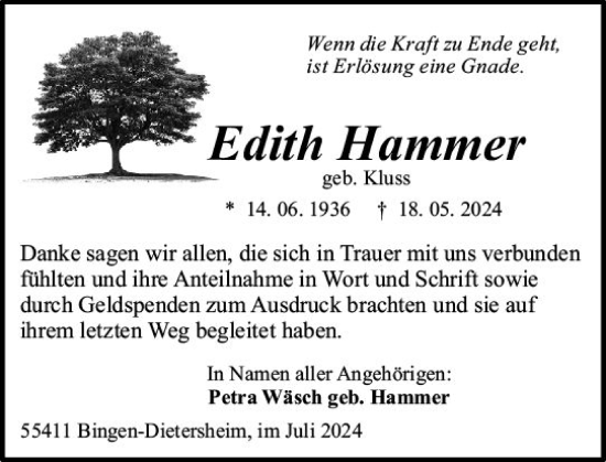 Traueranzeige von Edith Hammer von Binger-/Ingelheimer Wochenblatt