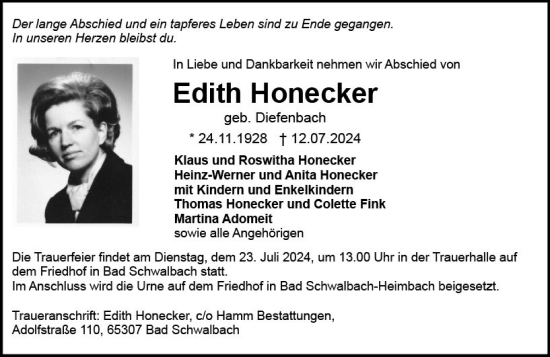 Traueranzeige von Edith Honecker von Wiesbadener Kurier