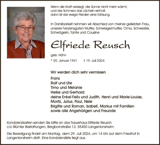 Traueranzeige von Elfriede Reusch von Allgemeine Zeitung Rheinhessen-Nahe