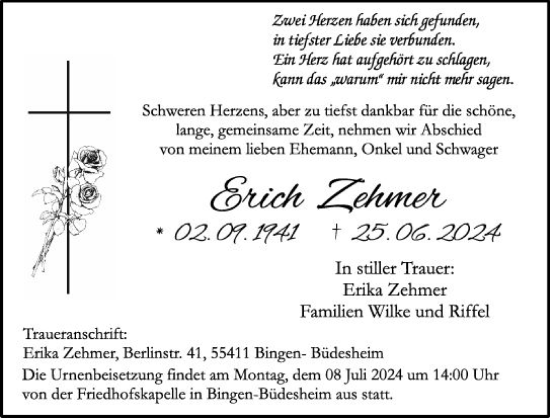 Traueranzeige von Erich Zehmer von Allgemeine Zeitung Rheinhessen-Nahe