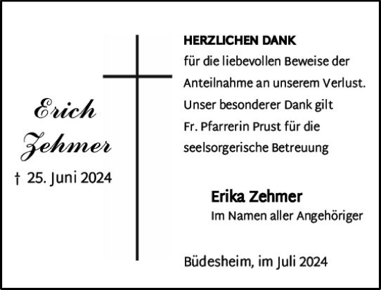 Traueranzeige von Erich Zehmer von Allgemeine Zeitung Rheinhessen-Nahe