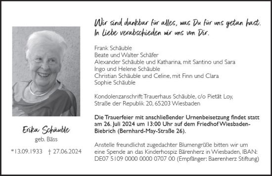 Traueranzeige von Erika Schäuble von Wiesbadener Kurier