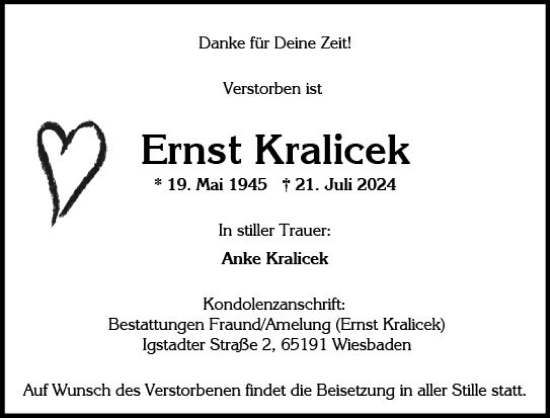 Traueranzeige von Ernst Kralicek von Wiesbadener Kurier