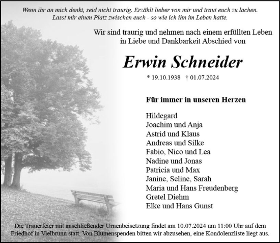 Traueranzeige von Erwin Schneider von Odenwälder Echo