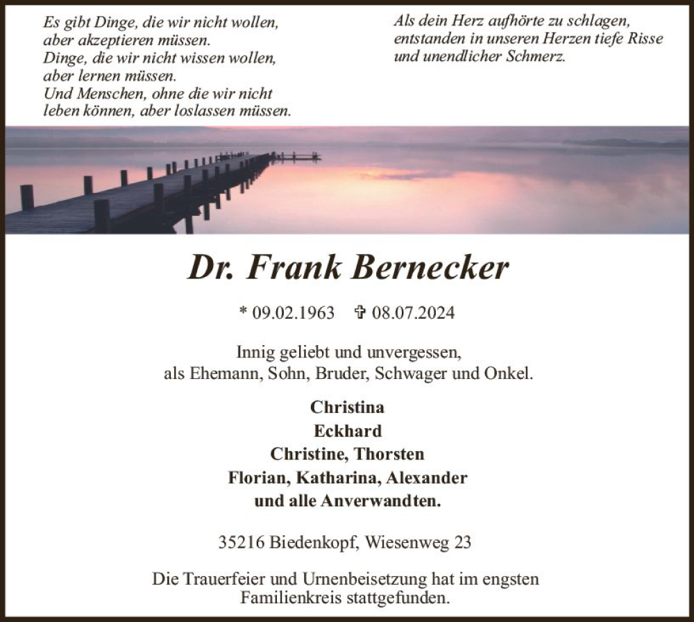  Traueranzeige für Frank Bernecker vom 26.07.2024 aus Hinterländer Anzeiger