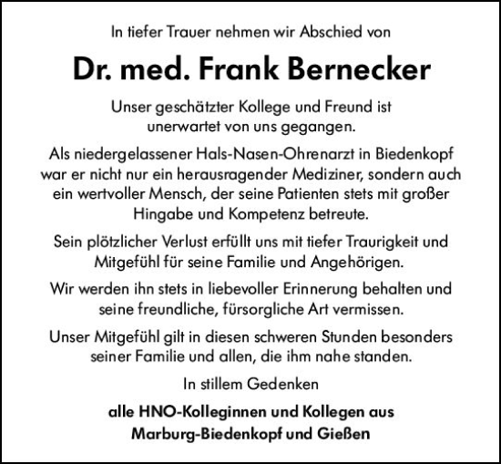 Traueranzeige von Frank Bernecker von Hinterländer Anzeiger