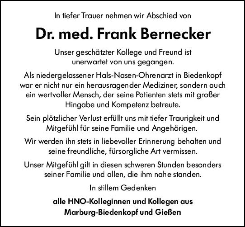  Traueranzeige für Frank Bernecker vom 26.07.2024 aus Hinterländer Anzeiger