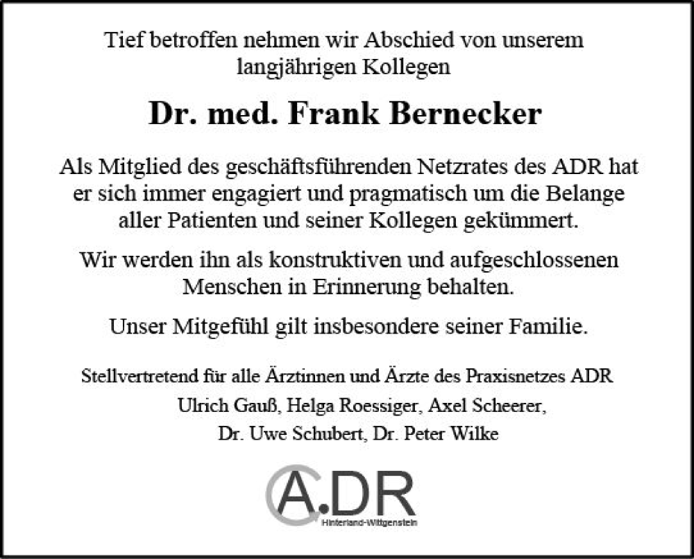  Traueranzeige für Frank Bernecker vom 30.07.2024 aus Hinterländer Anzeiger