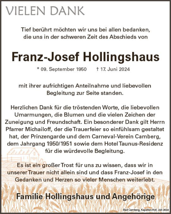 Traueranzeige von Franz-Josef Hollingshaus von Camberger Anzeiger