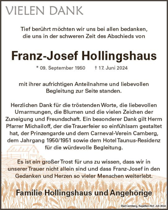 Traueranzeige von Franz-Josef Hollingshaus von Nassauische Neue Presse