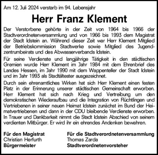Traueranzeige von Franz Klement von Idsteiner Land/Untertaunus