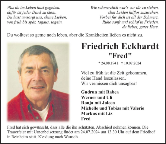 Traueranzeige von Friedrich Eckhardt von Odenwälder Echo