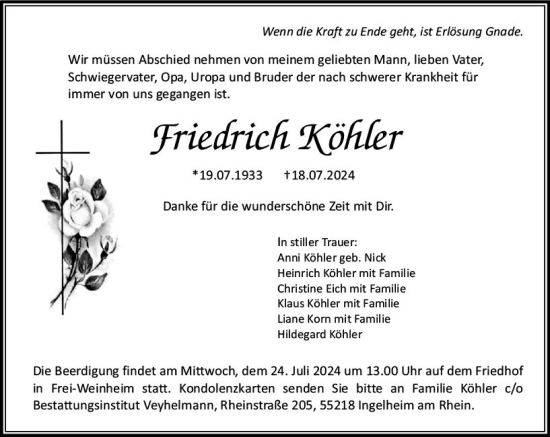 Traueranzeige von Friedrich Köhler von Allgemeine Zeitung Rheinhessen-Nahe