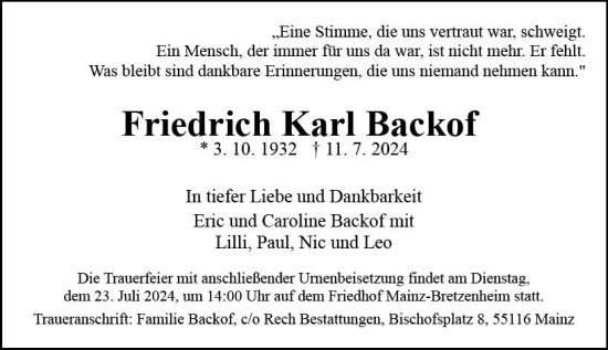 Traueranzeige von Friedrich Karl Backof von Allgemeine Zeitung Mainz
