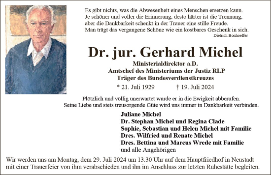 Traueranzeige von Gerhard Michel von Allgemeine Zeitung Mainz