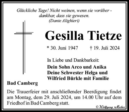 Traueranzeige von Gesilla Tietze von Camberger Anzeiger