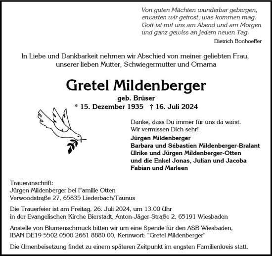 Traueranzeige von Gretel Mildenberger von Wiesbadener Kurier