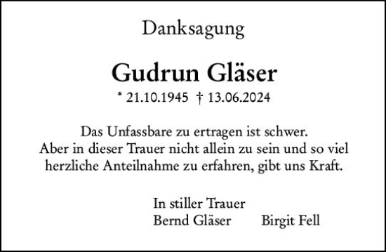 Traueranzeige von Gudrun Gläser von Allgemeine Zeitung Mainz