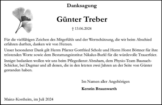 Traueranzeige von Günter Treber von Allgemeine Zeitung Mainz