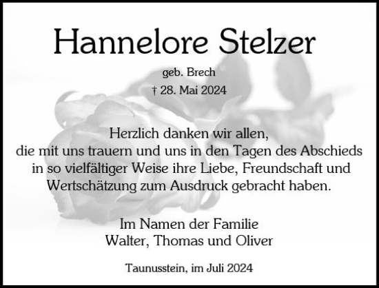 Traueranzeige von Hannelore Stelzer von Wiesbadener Kurier