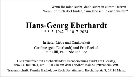 Traueranzeige von Hans-Georg Eberhardt von Allgemeine Zeitung Mainz