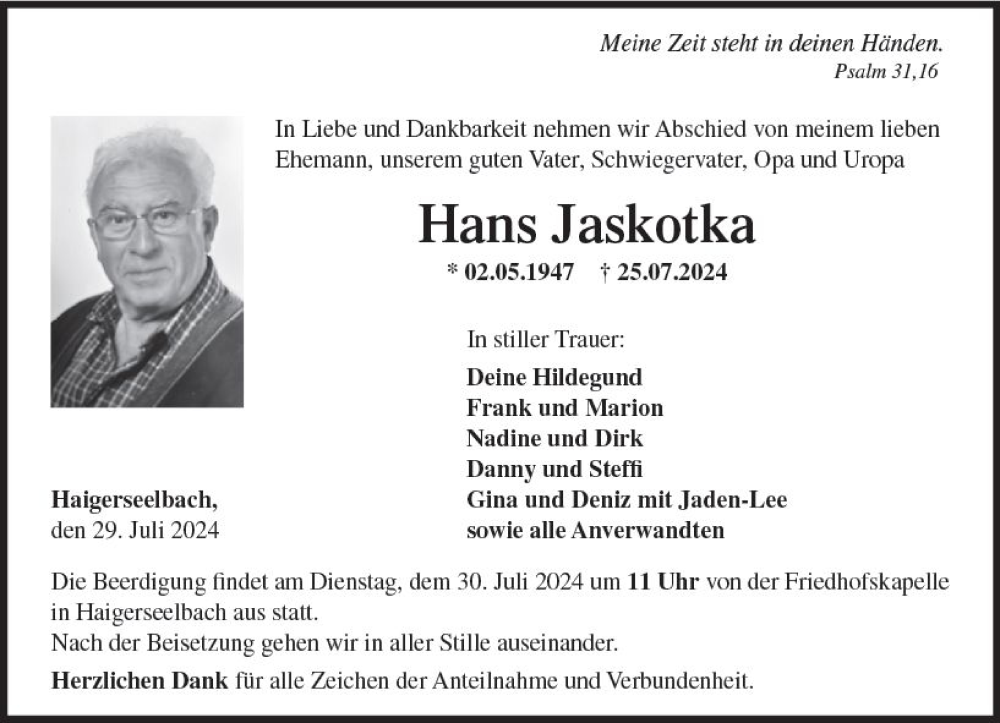  Traueranzeige für Hans Jaskotka vom 29.07.2024 aus Dill Block