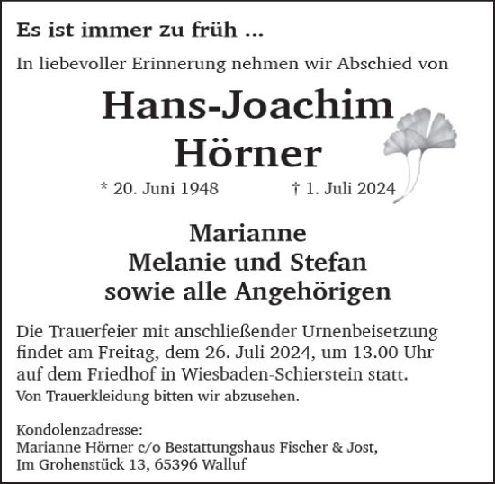 Traueranzeige von Hans-Joachim Hörner von Wiesbadener Kurier