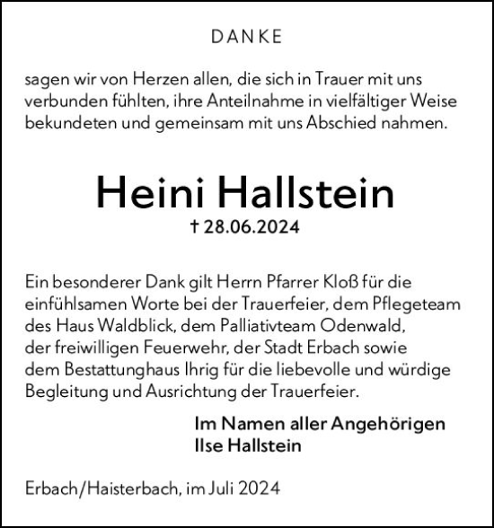 Traueranzeige von Heini Hallstein von Odenwälder Echo